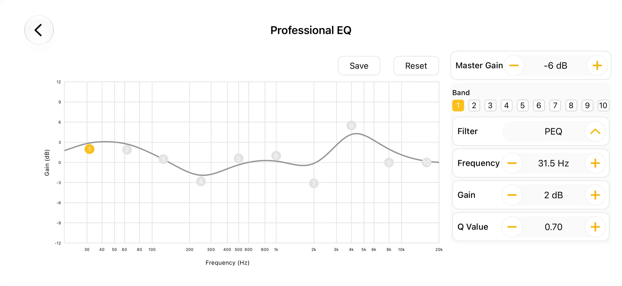 The Professional EQ screen in the EarFun app: a curve over 30 Hz to 20 kHz with ten numbered band handles, a gentle lift around 40 Hz, a dip near 250 Hz and a peak near 4.5 kHz; on the right, Master Gain −6 dB and band 1 set to a PEQ filter at 31.5 Hz, +2 dB, Q 0.70.